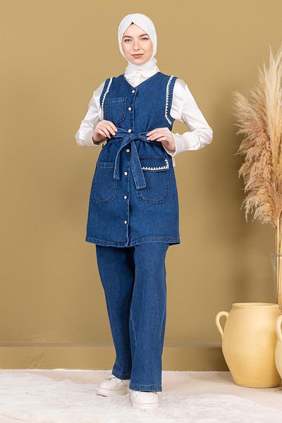 Modamihram Light Blue Pearl-Detailed Double Denim Suit 19245 Model