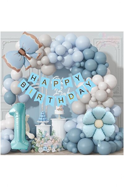 Partile Mavi Fiyonklu Okyanus Mavili Makaron Mavi Balonlu Doğum Günü Seti Pap...