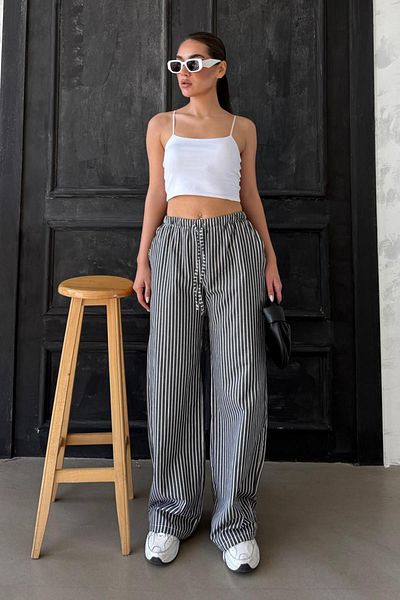 Madmext Black Adjustable Waist Striped Pocket Wide Leg Women's Trousers Mg2312