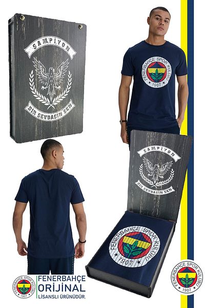 Fenerbahçe Navy Blue Tribune T-Shirt - Original Licensed Embossed Logo Supplemen with Wood Box