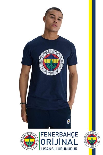 Fenerbahçe Navy Blue Tribune T-Shirt - Original Licensed Embossed Logo Supplemen with Wood Box