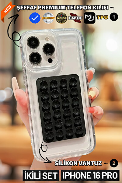 Dual Set | iPhone 16 Pro Compatible Transparent Premium Phone Case and Phone Holder Silicone Suction Cup