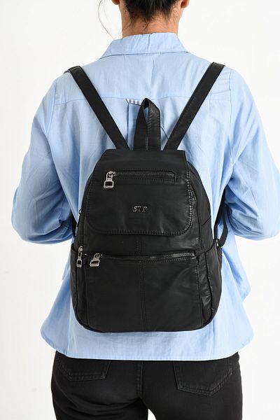 571 Collections Çanta Black Leather Backpack - Washed (Model: 571-9-11A)