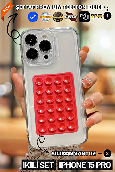 EWEC Set of Two |   Transparent Premium Phone Case and Phone Holder Silicone Suction Cup Compatible with iPhone 15 Pro