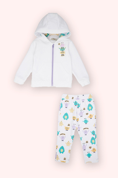 Panço Kız Bebek Baskı Detaylı Beyaz Eşofman Takımı