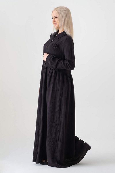 Fashion Showcase Țesătură de muselină, cu nasturi în față, țesătură din bumbac natural 100%, rochie lungă de vară - neagră