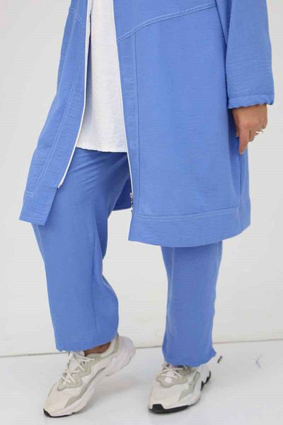 Eslina 57004 Large Size Front Piece Hooded Trousers Suit - Indigo