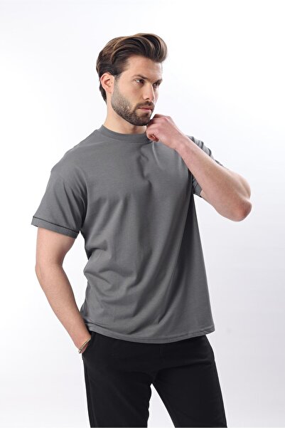Madmext Smoked Crew Neck Shepherd Stitched Overfit Men's T-Shirt E7103