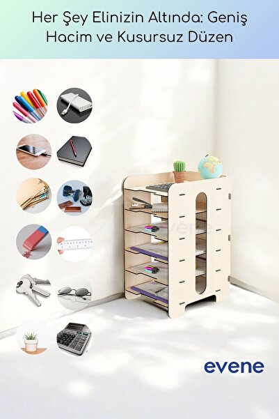 Evene Dosya Düzenleyici Masa Üstü Organizer Ahşap Evrak Rafı Açık Bej Renk Model 16