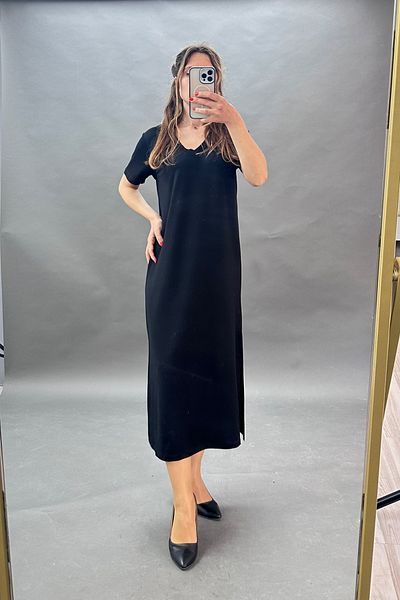 CİDDE Women's Comfortable V-Neck Modal Fabric Basic Dress with Side Slits Black