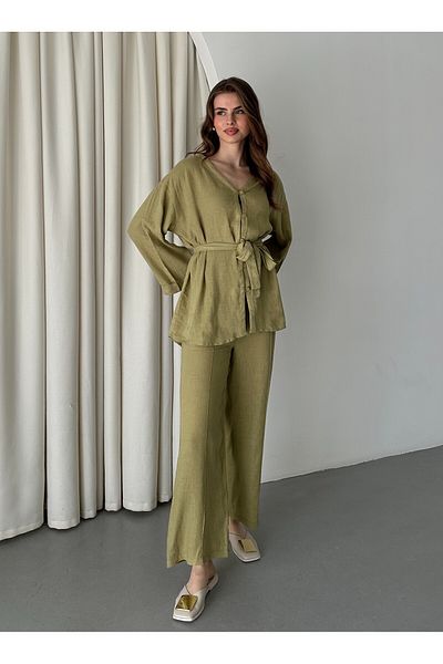 Laluvia Cotton Stone Khaki Belted 034 Hemd – Hosen-Set