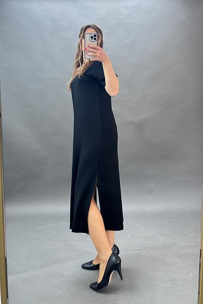 CİDDE Women's Comfortable V-Neck Modal Fabric Basic Dress with Side Slits Black