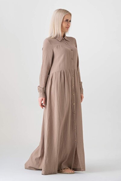 Fashion Showcase Muslin Fabric Front Buttoned 100% Natural Cotton Fabric Summer Long Hijab Dress - Mink