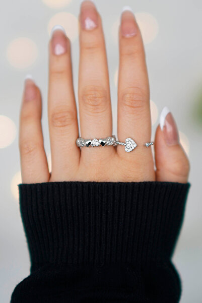 TREND COLLECTİON حجر الراين قابل للتعديل نموذج القلب الأنيق 2'li خاتم فضة المرأة