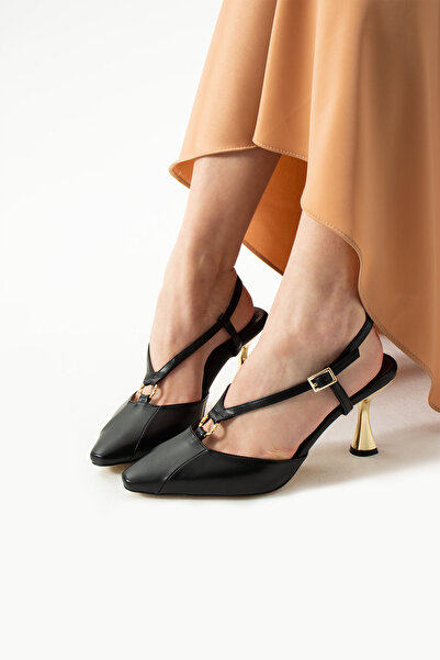 Güllü Shoes Pantofi cu toc de lux, negri mat, pentru femei, cu detalii aurii,...