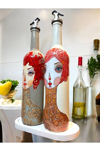 Mes Reves Handmade Red Haired Woman Patterned Vintage Glass Bottle Oil Pot Set, Decorative Kitchen & Tableware Products