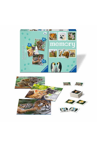 RAVENSBURGER Puzzle + Joc Memory Animale, 25/36/49 Piese