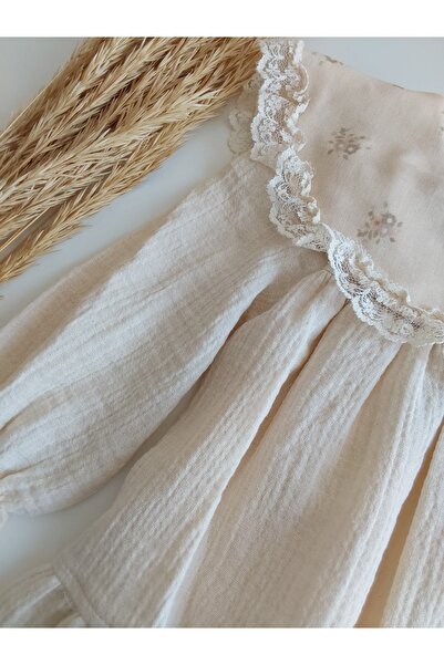 damdamin Cotton Baby Girl Muslin Long Sleeve Bib Collar Lace Floral Pattern Lined Zipper Dress