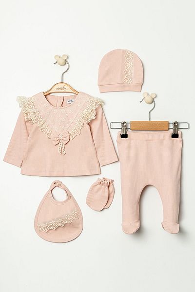 MİNİBORN New Born Girl Long Sleeve Powder Reported Collar Embroidery Roana Set of Five