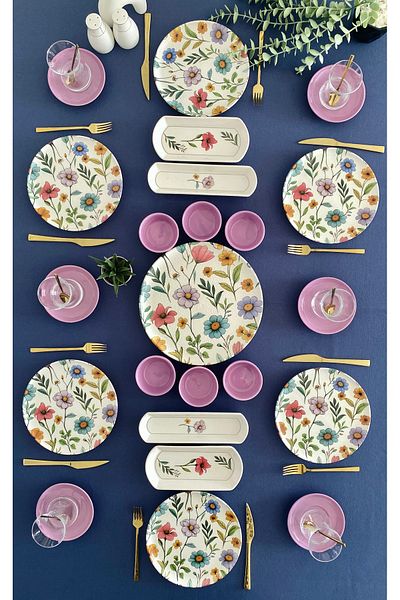 VENÜS HOME DECORATION Flora Model 6-Person 23-Piece Breakfast Set with Tea Plates (Purple)