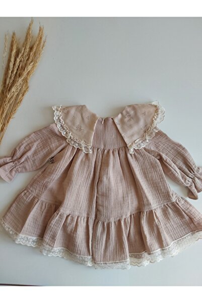 damdamin Pamuklu Kız Bebek Müslin Uzun Kollu Önlük Yaka Dantelli Çiçek Desenli Astarlı Fermuarlı Elbise