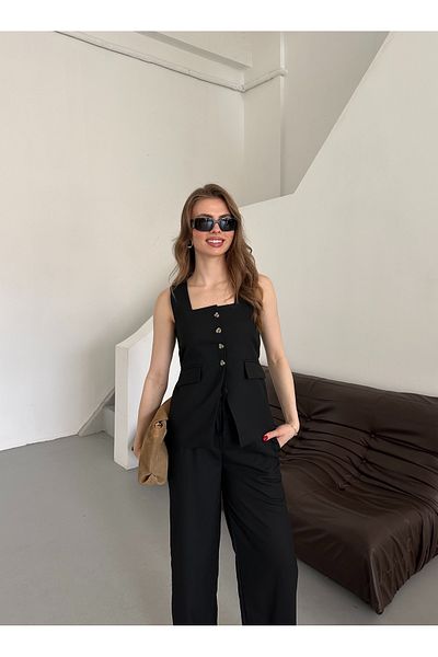 Laluvia Set pantaloni vestă cu guler pătrat negru - 51102