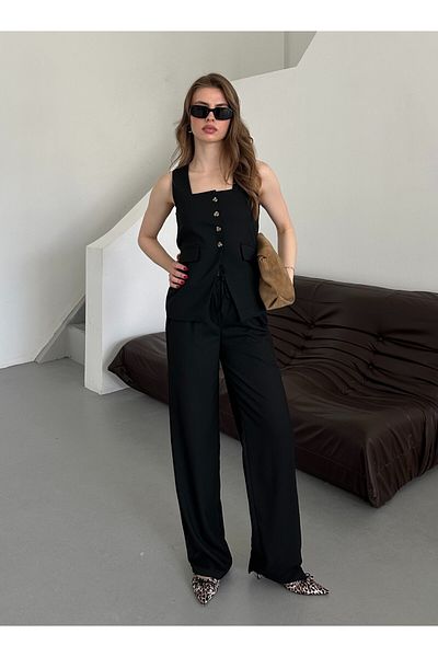 Laluvia Set pantaloni vestă cu guler pătrat negru - 51102