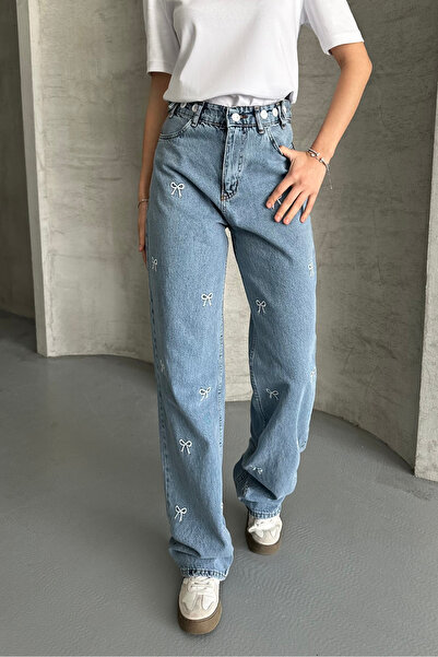 macharel jeans Blugi cu picior lat, cu broderie cu panglică