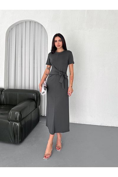 Güler Casual Anthracite Color Front Tie Modal Dress