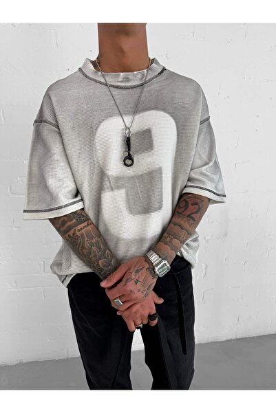 ablukaonline Ανδρικό μπλουζάκι με λεπτομέρεια ραφής από ύφασμα βάφλα Oversize Λευκό