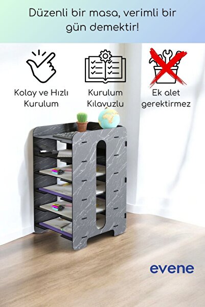 Evene Dosya Düzenleyici Masa Üstü Organizer Ahşap Evrak Rafı Siyah Mermer Renk Model 16