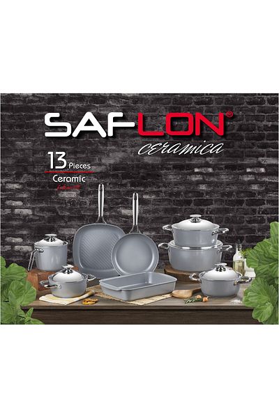 SAFLON Ceramic Cookware Set, Consisting Of 13 Pieces. Gray