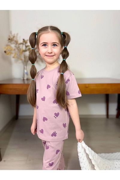 Koçak Kids Heart Printed Girls' Half Sleeve Pajama Set