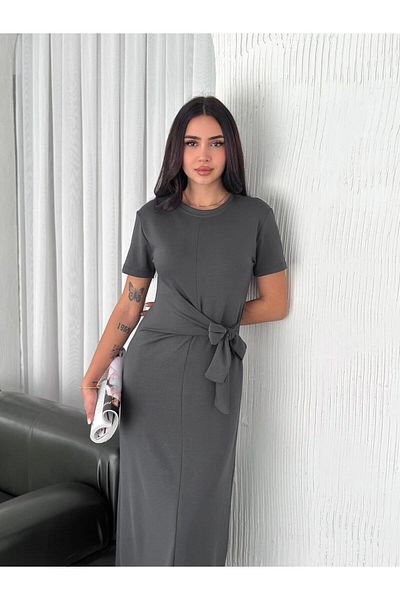 Güler Casual Anthracite Color Front Tie Modal Dress