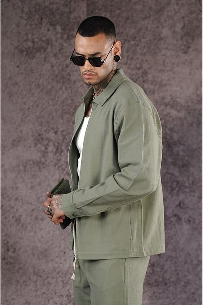 king brich Shirt Collar Zippered Linen Bottom Top Set