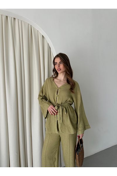 Laluvia Cotton Stone Khaki Belted 034 Hemd – Hosen-Set