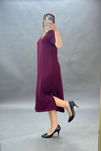 CİDDE Women's Comfortable V-Neck Modal Fabric Basic Dress with Side Slits Black