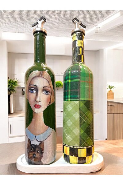 Mes Reves Vintage Sanat Desenli Retro Yeşil Cam Yağdanlık Seti-Sirkelik Soslu...