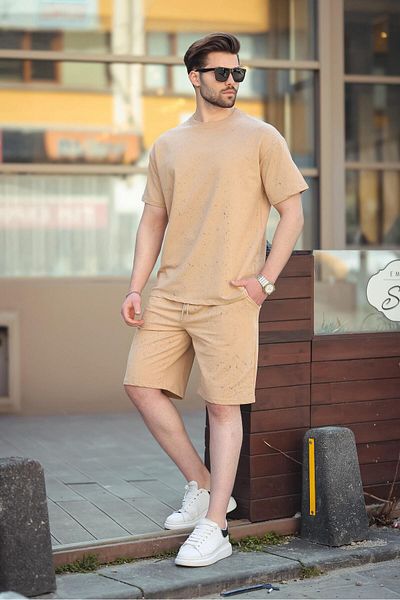 Madmext Set de tricou pantaloni scurți pentru bărbați de bază bej E7309