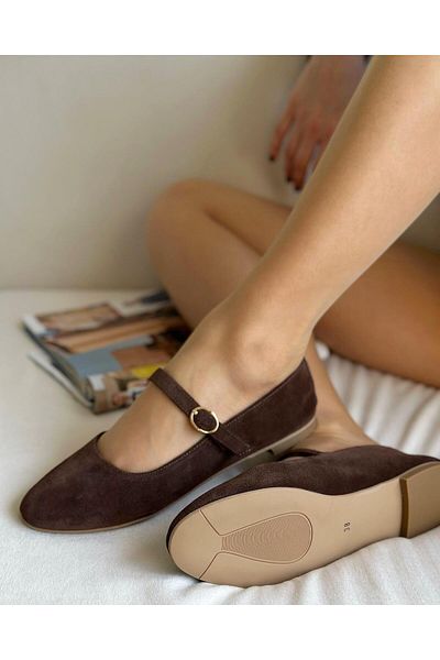 Zuum Balerini pentru femei Teo 100% piele naturală și piele de căprioară Mary Jane - piele de căprioară maro
