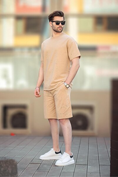 Madmext Σετ T-shirt Μπεζ Basic Ανδρικό Σορτς E7309