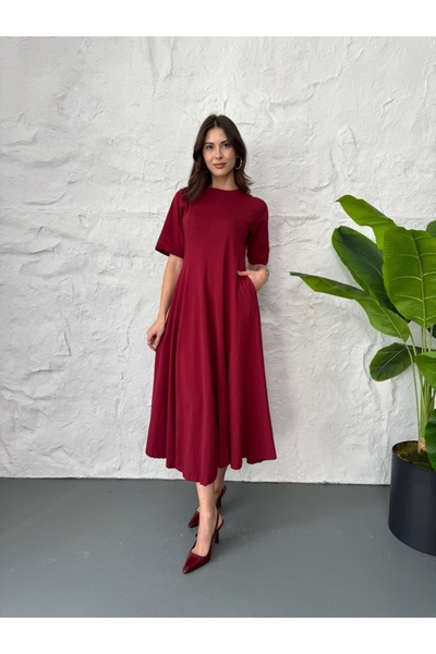 Elif Özbey Butik Bordo Bisiklet Yaka Uzun Elbise