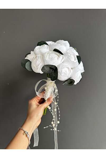 Luvienn İncili Beyaz Şakayık Gelin Buketi-Okaliptuslu Beyaz Yapay Gelin Çiçeği