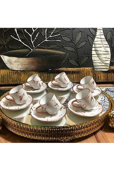 Mask 6 Person Porcelain Copper Marble Pattern Coffee Cup Set 75 Cc