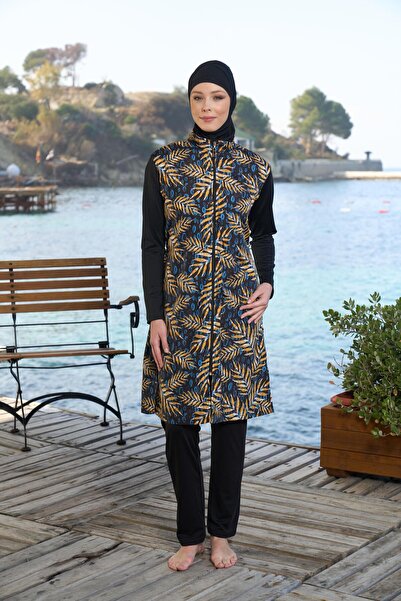 Estiva   Women's Full Covered Zippered Leaf Patterned Hijab Swimsuit Black