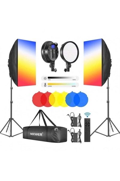 NEEWER Photo studio kit, 2 softbox lights, 2 48W LED panels, 6 color filters + carrying bag