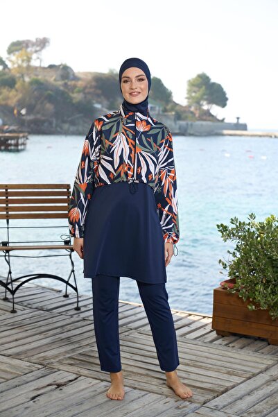 Estiva   Γυναικείο μαγιό Hijab με μοτίβο με κλειστό κόψιμο σε μπλε ναυτικό