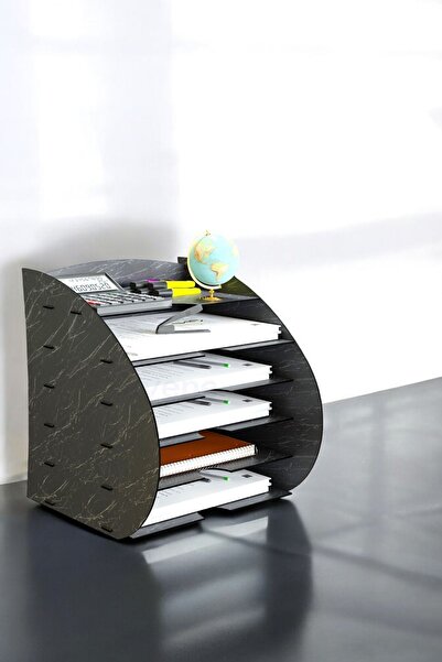 Evene Dosya Düzenleyici Masa Üstü Organizer Ahşap Evrak Rafı Siyah Mermer Ren...