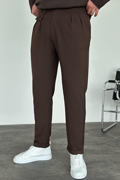 MADZEYMODA Erkek Pileli Duble Paça Kahverengi Kumaş Pantolon KE-1024