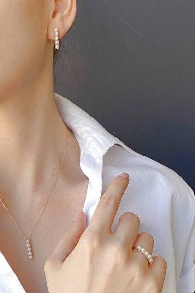 Birinci 14 Ayar Altın Beş Doğal İncili Küpe Kolye Yüzük Üçlü Set